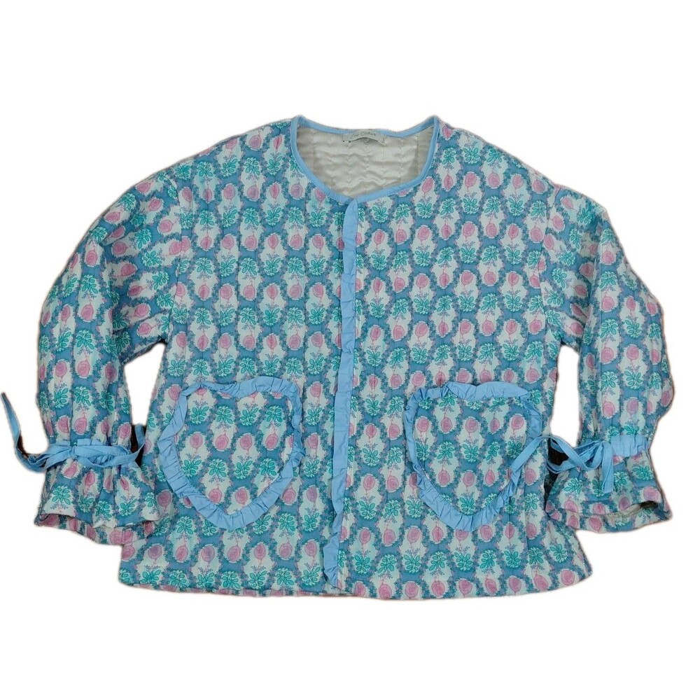 Easy Clothes Quilted Floral Open Front Pink Blue Ruffled Jacket Italy M/L